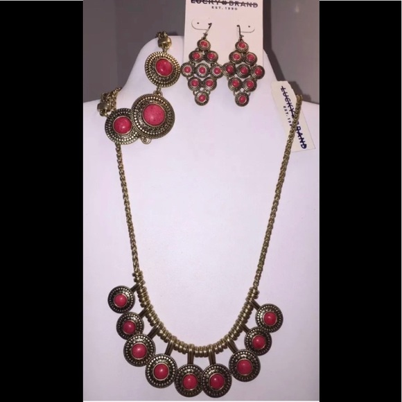 🛑 SOLD 🚨LUCKY BRAND 3 Pc Coral Gold Tone Necklace Bracelet Earrings Set $133 NWT - Picture 6 of 11